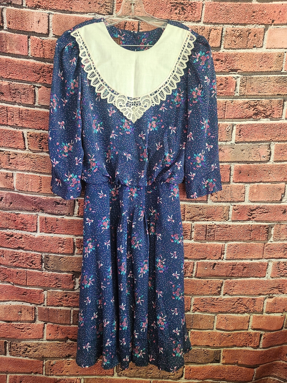 Vintage Navy Floral Dress with Lace Bib Collar - Picture 1 of 12